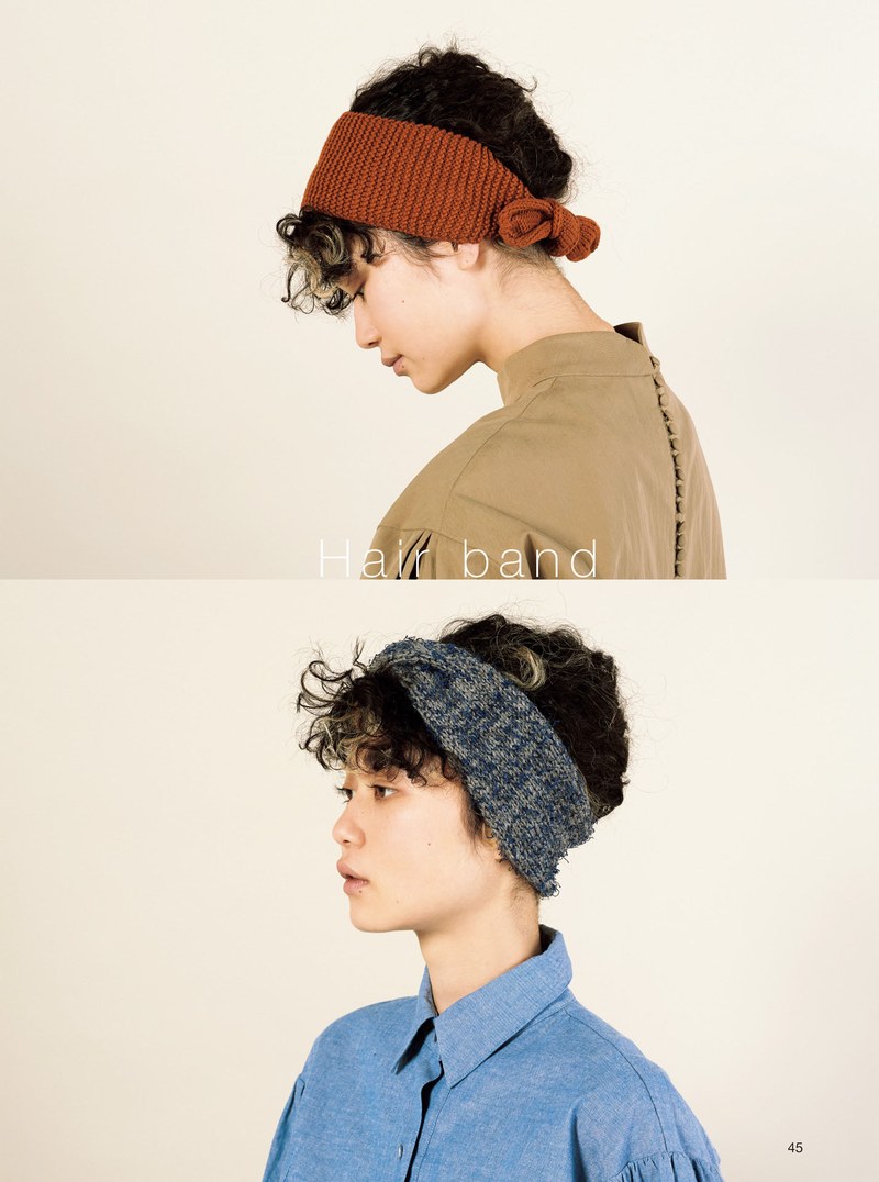 1410-00047 Rust and blue knitted headbands with a bow twist, quick hair band patterns for beginners