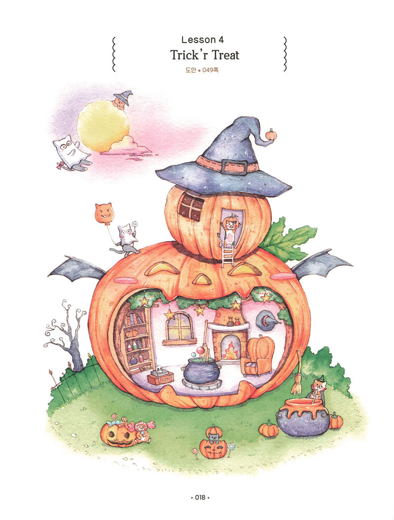 1438-20260321173527_015 Painted pumpkin house in watercolor coloring pages style, with a witch hat, bat wings and a cozy cauldron room
