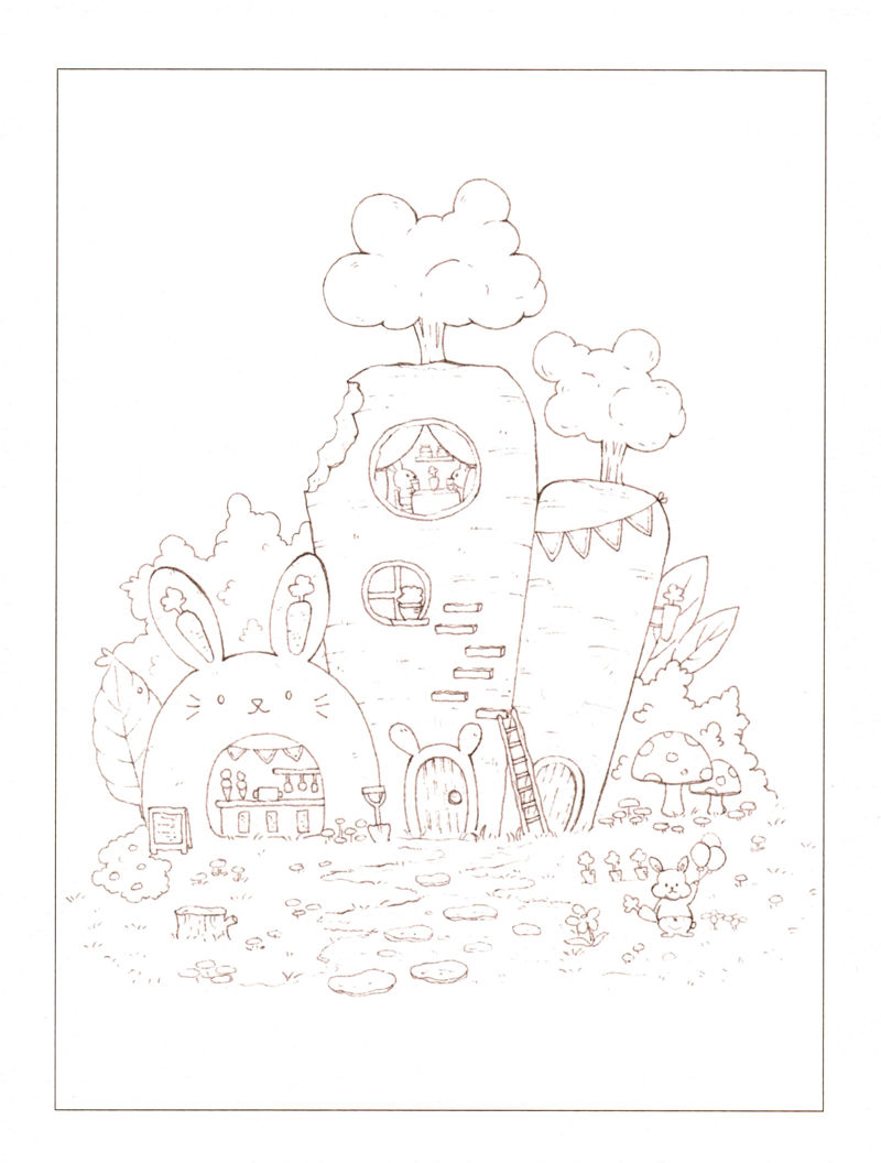 1438-20260321173527_040 Giant carrot house and bunny-shaped shop outline, one of the fairy tale village coloring pages to paint