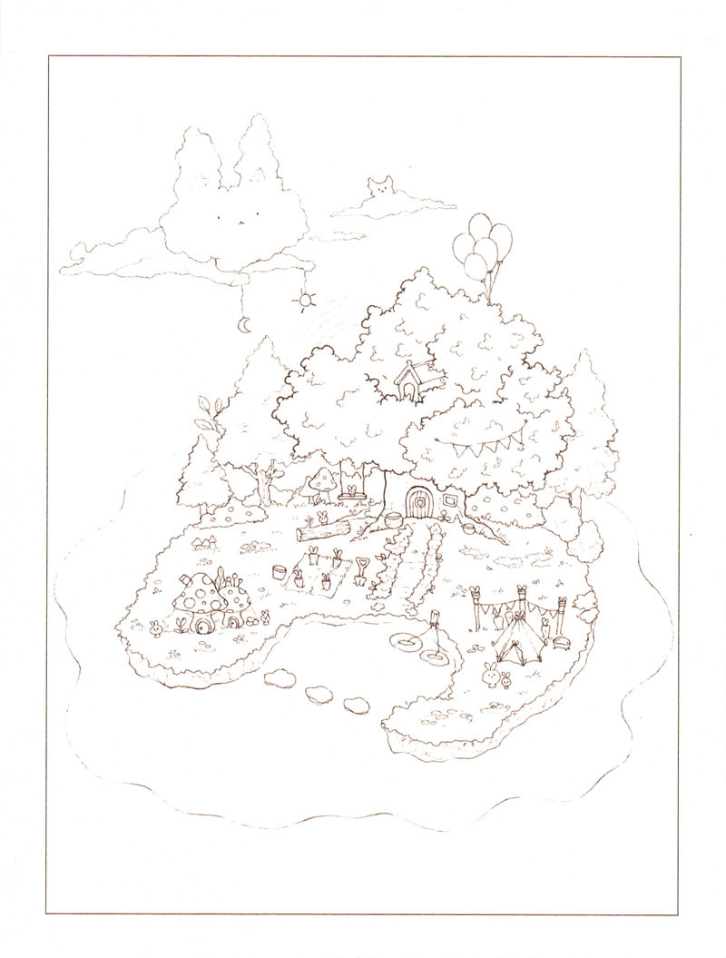 1438-20260321173527_042 Cottagecore coloring pages outline of a floating island with a treehouse, vegetable garden, tent and mushroom homes
