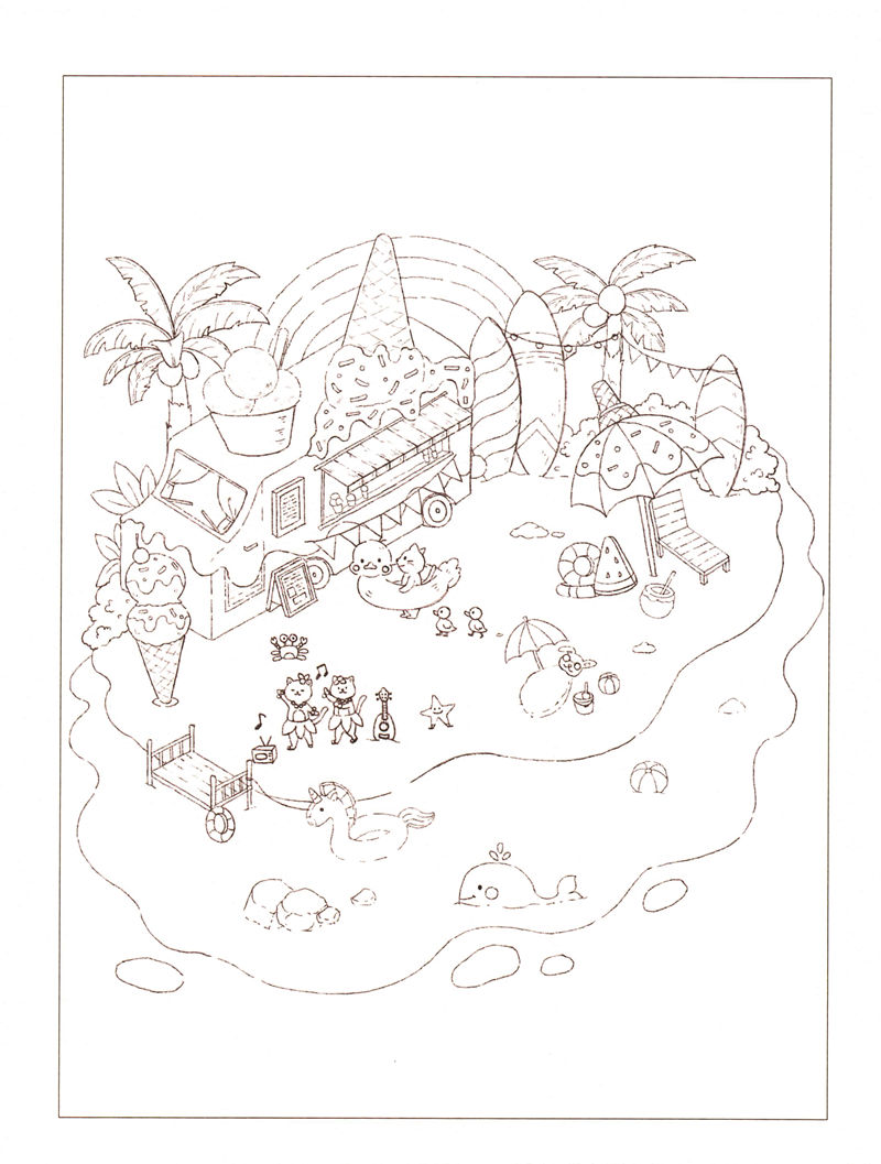 1438-20260321173527_044 Summer beach coloring page outline with an ice cream truck, surfboards, swim rings and ukulele-playing cats