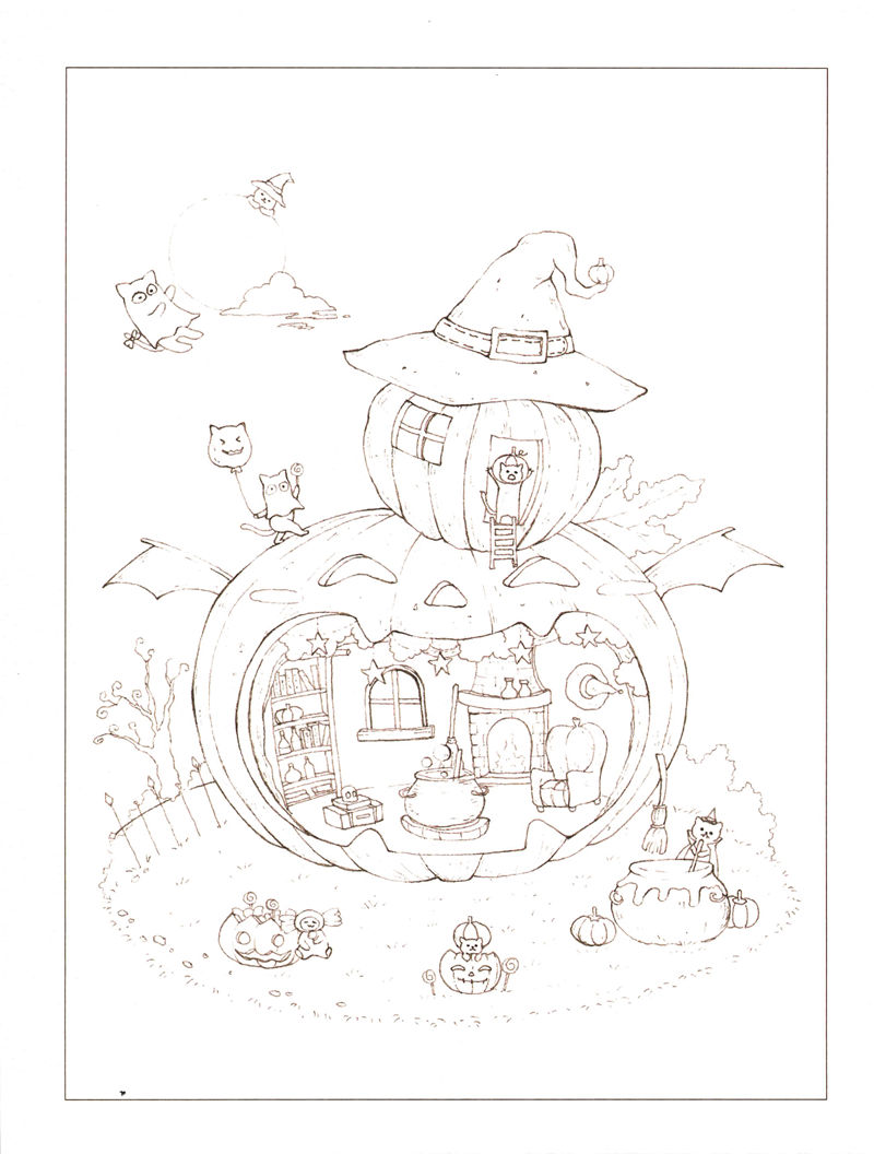 1438-20260321173527_046 Halloween coloring page for adults: outline of a witch-hat pumpkin house with bat wings and a cauldron room