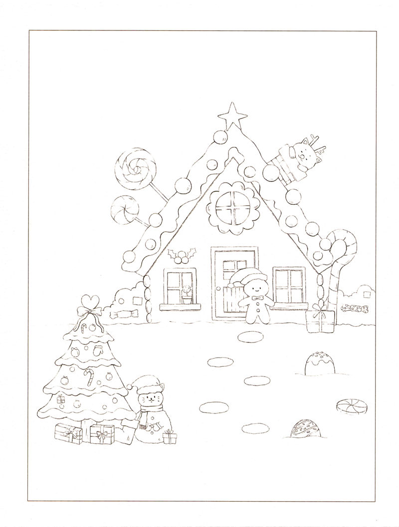 1438-20260321173527_048 Christmas gingerbread house coloring page with candy canes, a decorated tree, a gingerbread man and a cat in a scarf
