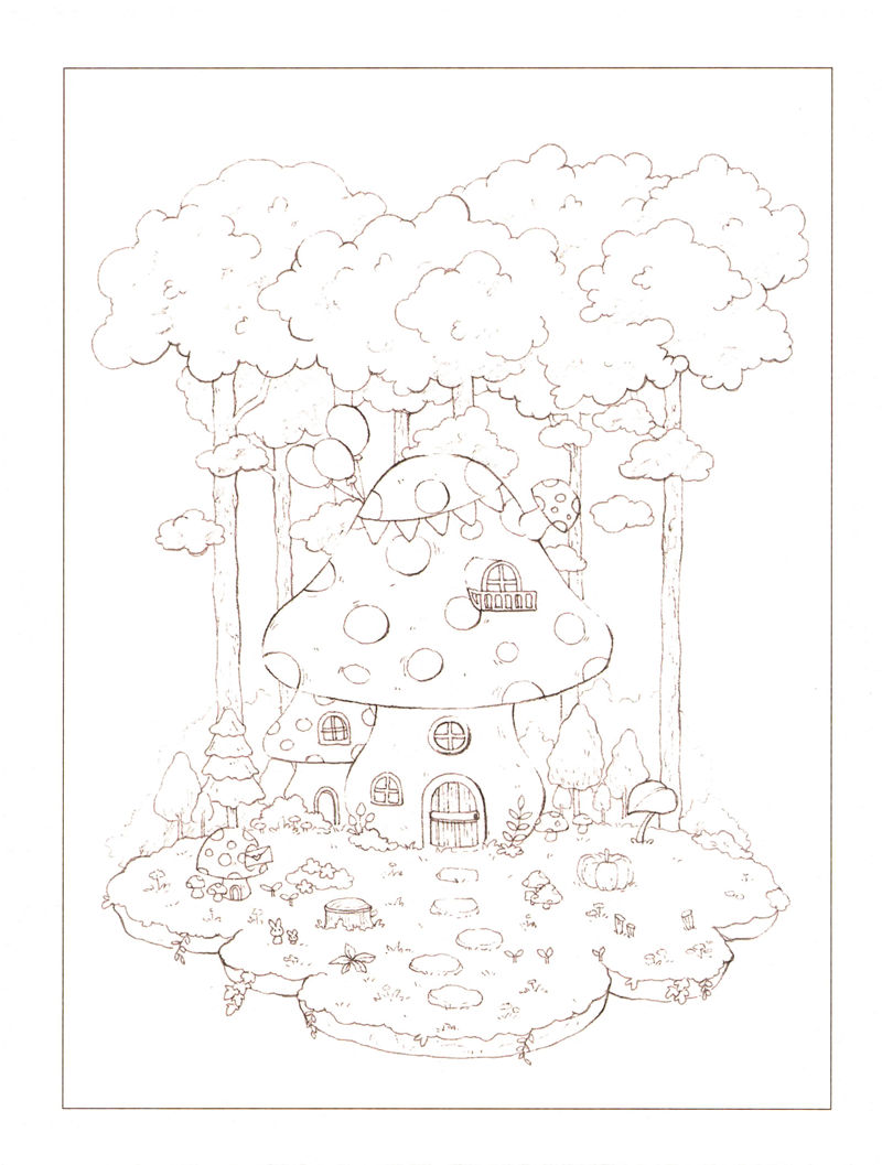 1438-20260321173527_050 Forest village coloring page outline of a spotted mushroom cottage beneath tall leafy trees, ready for watercolor
