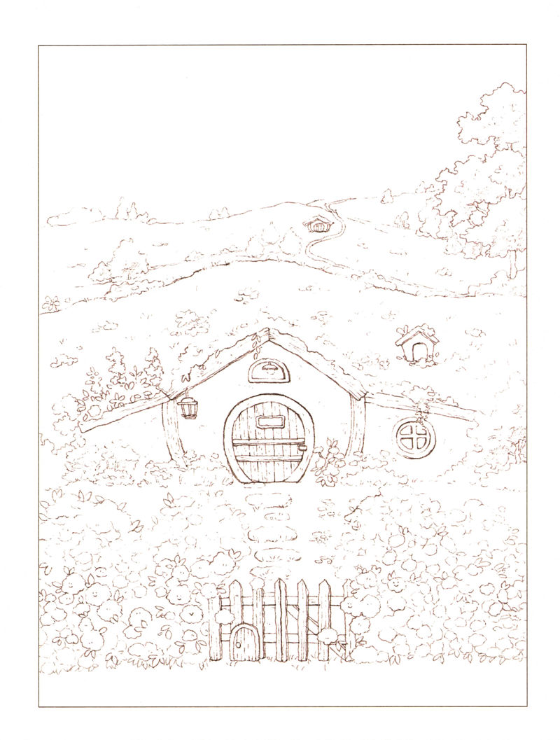 1438-20260321173527_052 Round-door hillside cottage coloring page with a winding path, flower garden and little picket gate