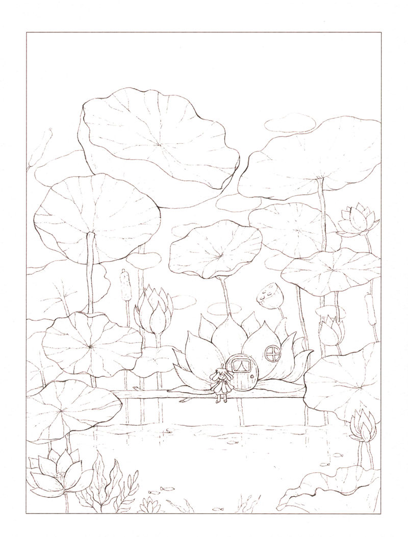 1438-20260321173527_054 Lotus pond coloring page showing a tiny bloom-shaped home among giant lily pads and cattails