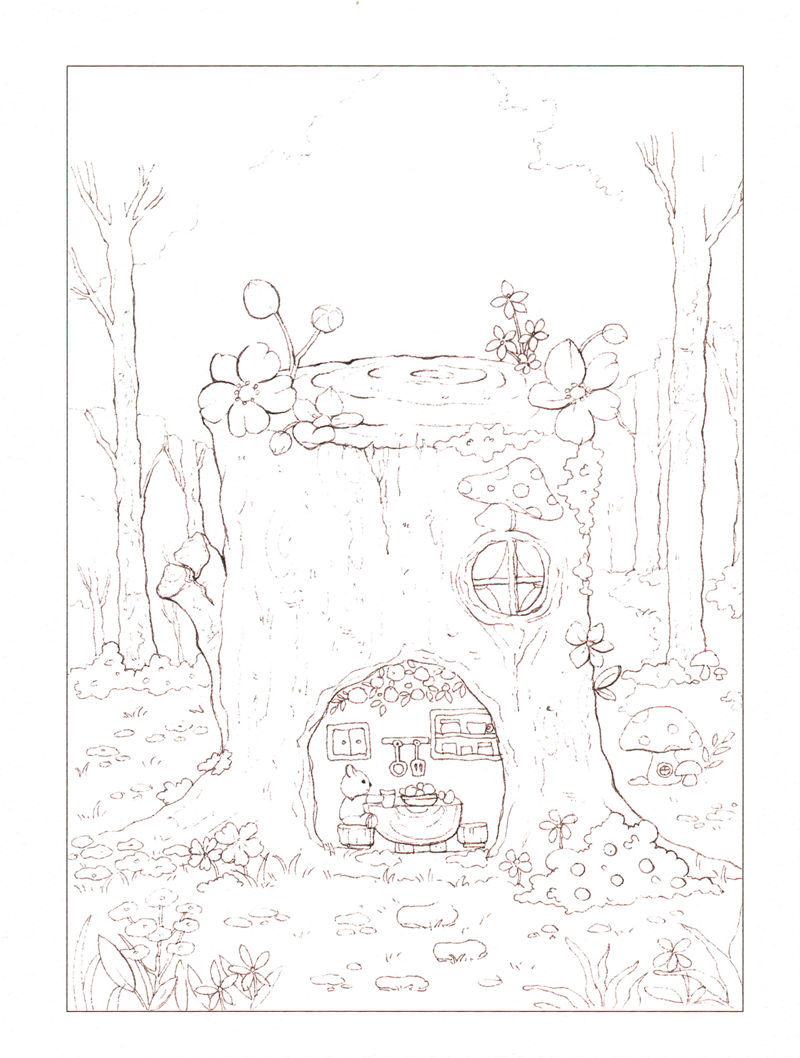 1438-20260321173527_056 Tree stump house coloring page with a tiny animal at its table, spring blossoms and woodland mushrooms