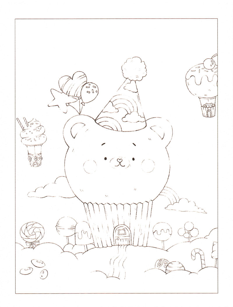 1438-20260321173527_058 Kawaii coloring book page of a bear-faced cupcake house with a party hat, balloons and lollipops