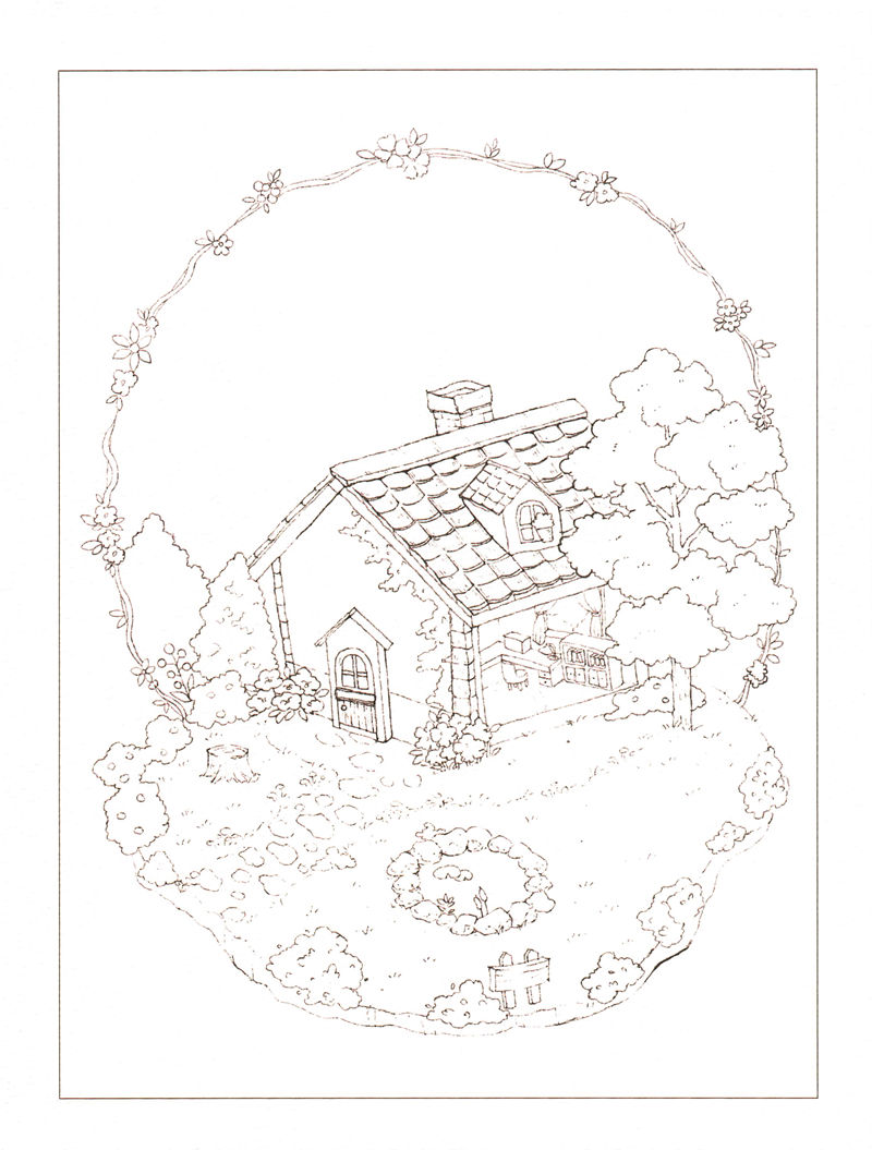1438-20260321173527_060 Cottage garden coloring page: a tiled-roof cottage framed by a blossom wreath with a stone-ringed flower bed