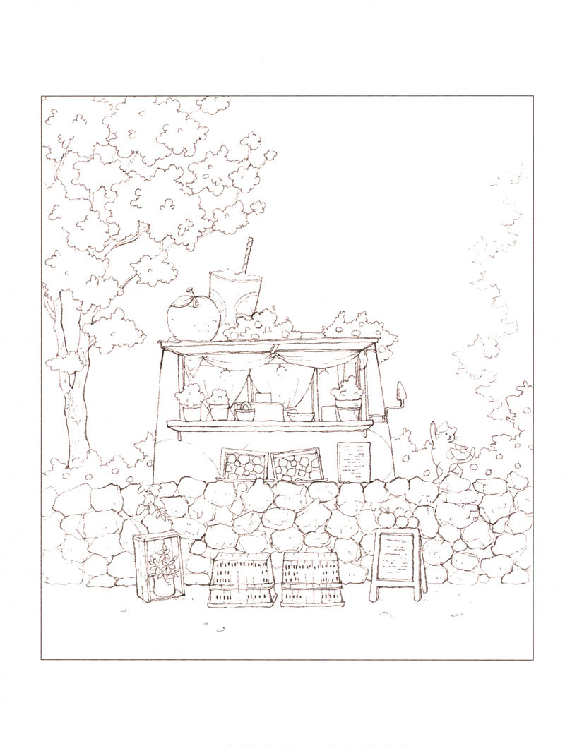 1438-20260321173527_062 Market stall coloring page with an apple-topped fruit stand, stone wall, baskets and a cat peeking over