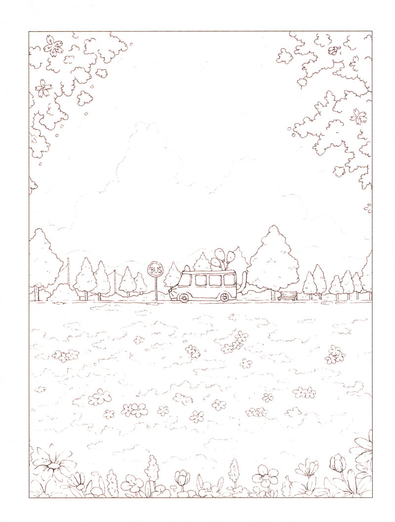 1438-20260321173527_064 Spring flower field coloring page with a small bus, bus stop sign and cherry trees framing a cloudy sky