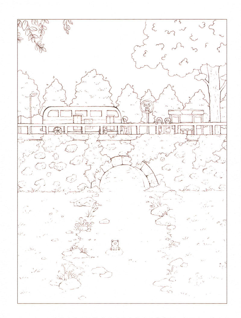1438-20260321173527_066 Stone bridge landscape coloring page outline with a bus, bus stop, stream and a frog sitting on a rock