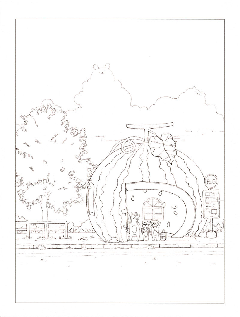 1438-20260321173527_070 Bus stop coloring page featuring a giant watermelon shelter, three waiting cats and a bunny-shaped cloud