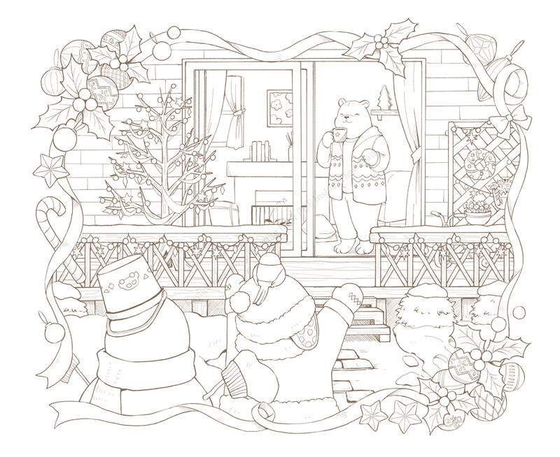 1459-p04 Polar bear sipping cocoa on a snowy porch with snowmen, a Christmas coloring page for adults