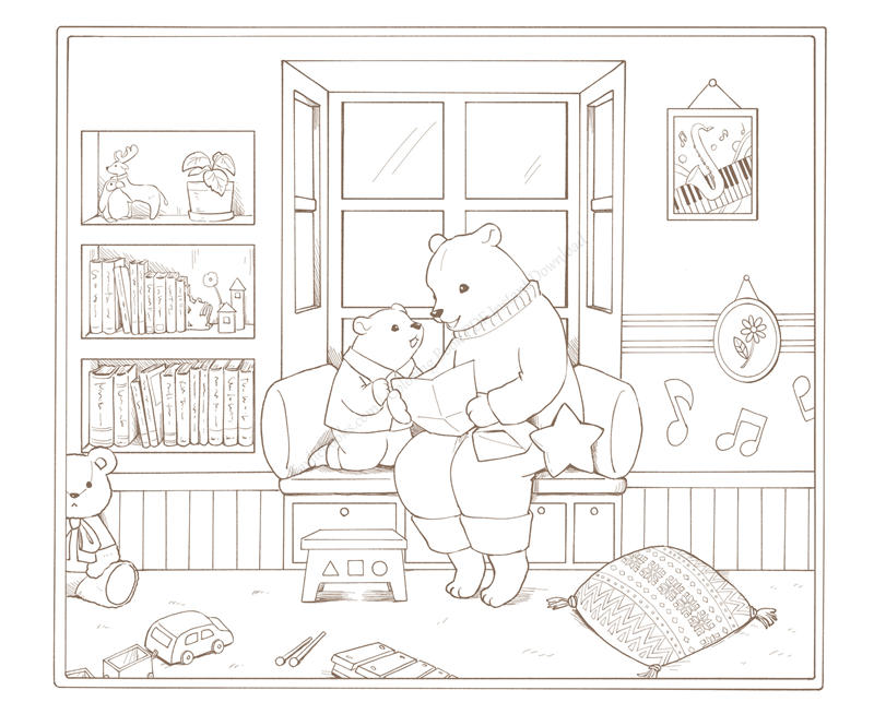 1459-p05 Bear and cub reading together on a window seat with music notes on the wall, a bear family coloring page