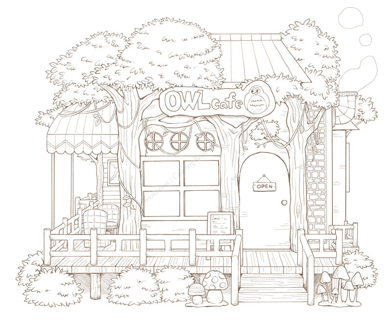 1459-p06 Owl Café treehouse exterior with a wooden deck and mushrooms, a café coloring page with fine line detail