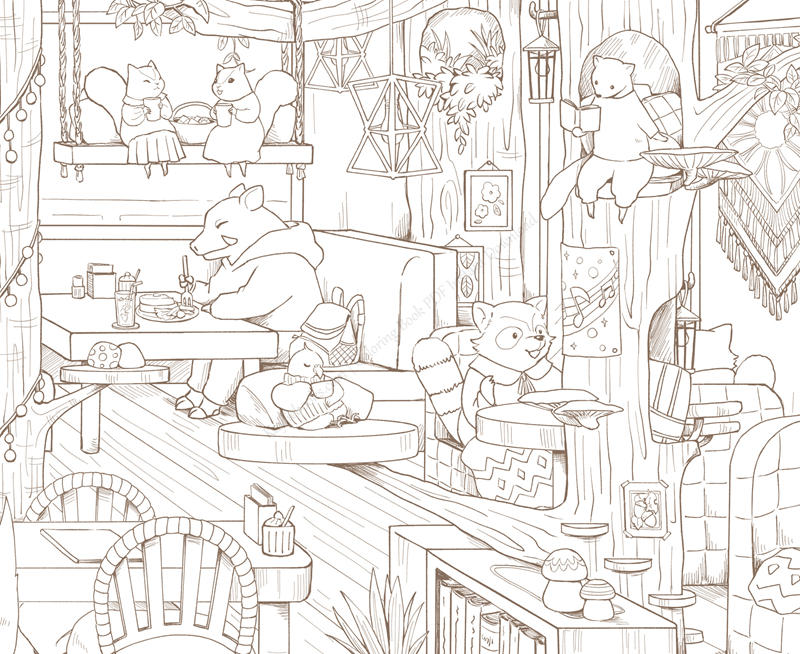 1459-p07 Squirrels, a red panda and a bear relaxing inside a treetop café, a detailed coloring page for adults