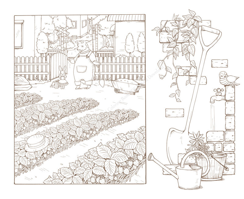 1459-p08 Pig gardener and a little rabbit beside rows of strawberry plants, a garden scene coloring page with a watering can