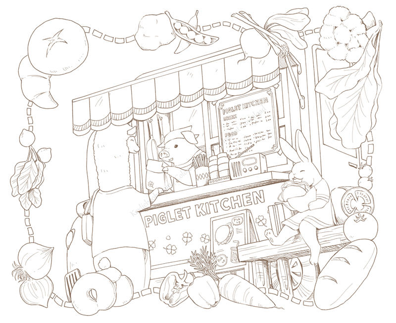 1459-p09 Piglet Kitchen food stall framed by vegetables and bread, a cute food coloring page with a rabbit customer