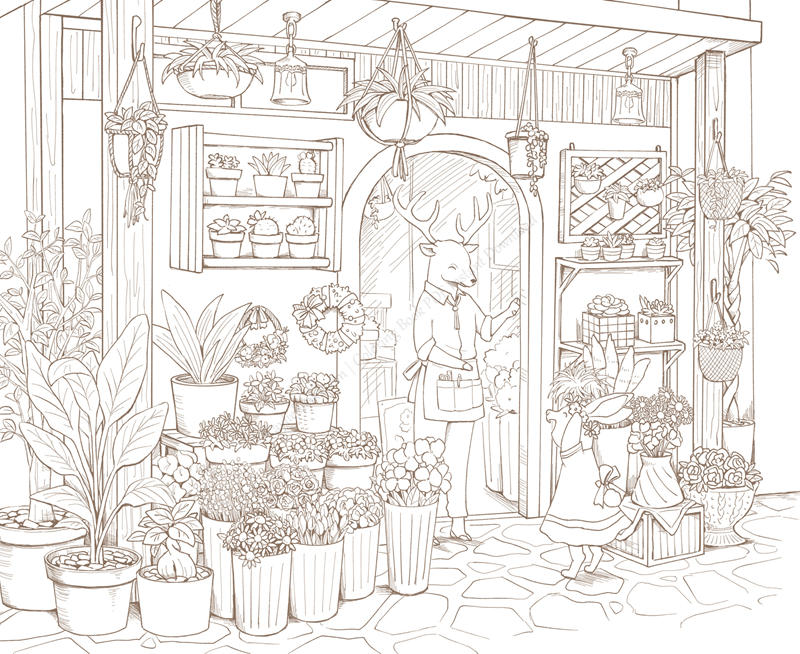 1459-p10 Deer florist greeting a young rabbit among potted plants, a flower shop coloring page for plant lovers