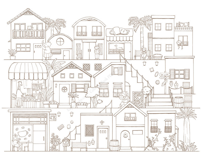 1459-p11 Hillside town of stairs, balconies and shopfronts with tiny animal residents, a village street coloring page