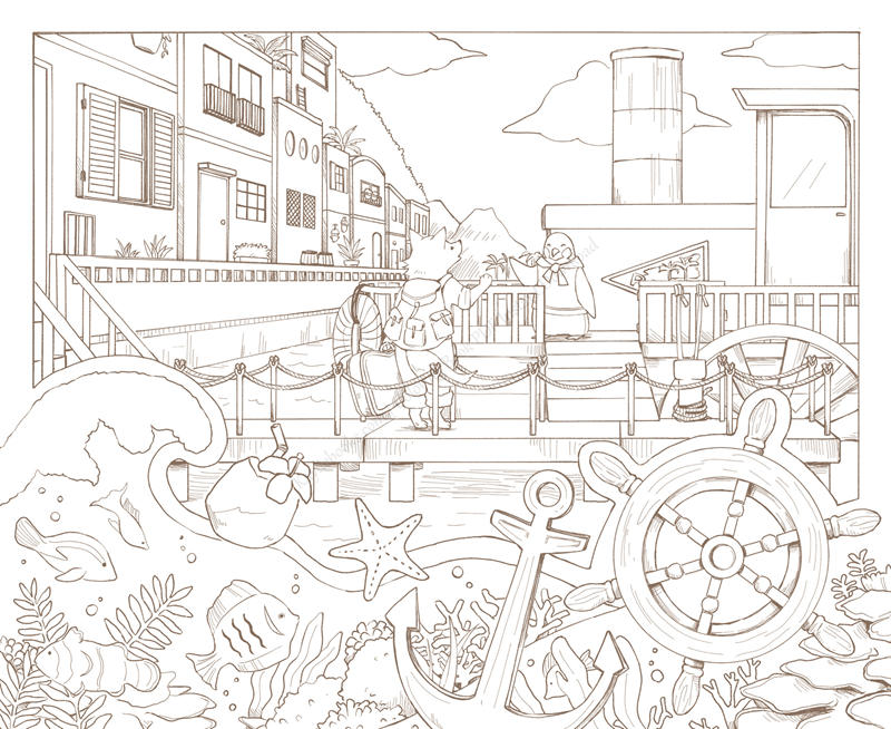 1459-p12 Backpacking wolf meets a penguin at the harbor, a nautical coloring page with anchor and ship's wheel