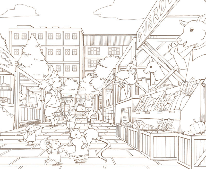 1459-p13 Animals shopping in a tree-lined market square beside produce stalls, a busy market scene coloring page