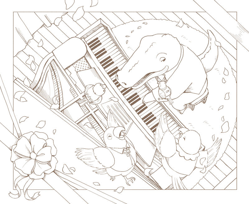 1459-p14 Crocodile playing a grand piano while birds sing, seen from above, a music-themed coloring page for adults
