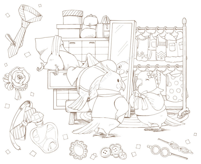 1459-p15 Birds trying on outfits in a dressing room with a clothes rack and accessories, a dress-up coloring page