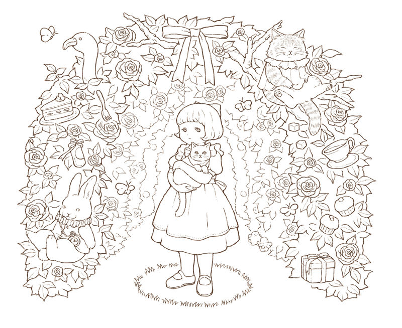 1462-00012 Alice and Dinah's Adventures in Wonderland coloring page: Alice holding her cat inside a rose-covered arch