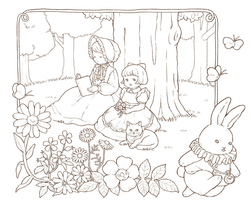 1462-00013 Forest storybook coloring page with two girls reading, a kitten and a White Rabbit among wildflowers