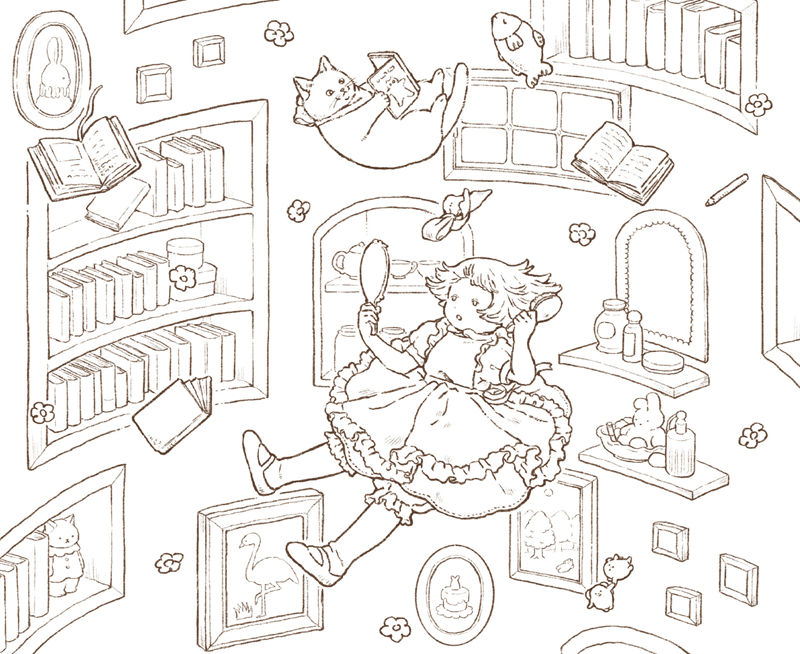 1462-00014 Falling down the rabbit hole coloring scene with Alice drifting past bookshelves, frames and floating books