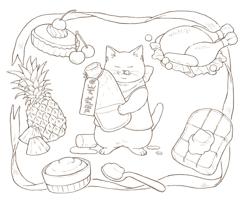 1462-00016 DRINK ME bottle coloring page with a cat holding the potion beside a pineapple, roast chicken and tart