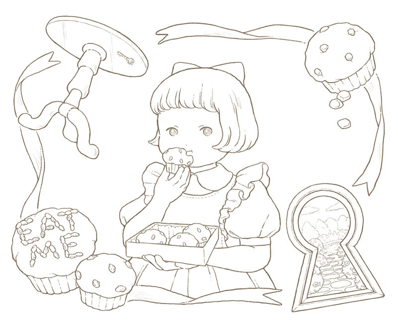 1462-00017 EAT ME cake coloring page showing Alice nibbling a muffin beside a tiny keyhole door, in this PDF