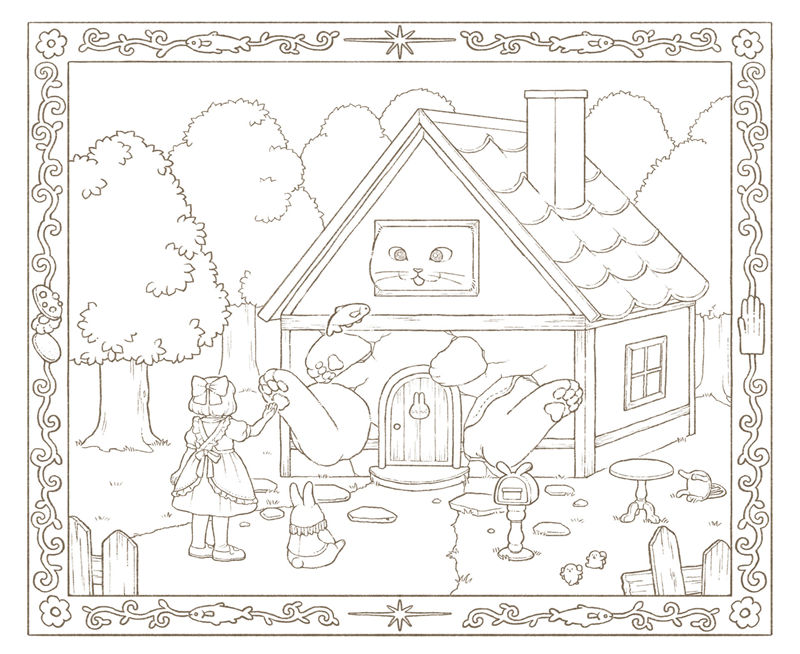 1462-00023 Cottage coloring page with a cat-face door, garden fence and a small girl meeting the White Rabbit