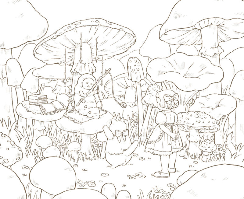 1462-00025 Giant mushroom forest coloring page with a book-laden table and little animal characters