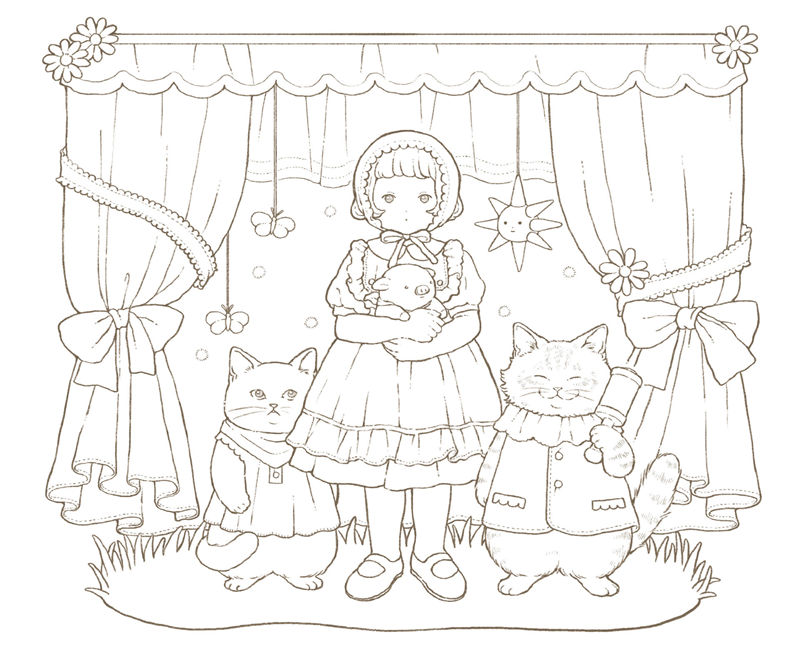 1462-00029 Cute cat coloring book page of Alice in a ruffled dress flanked by two dressed cats before bow-tied curtains