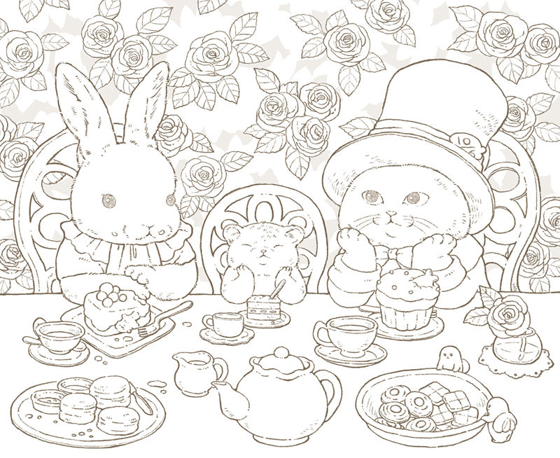 1462-00033 Mad Hatter tea party coloring page: a rabbit, a top-hat cat and a dormouse with teapot, scones and cakes