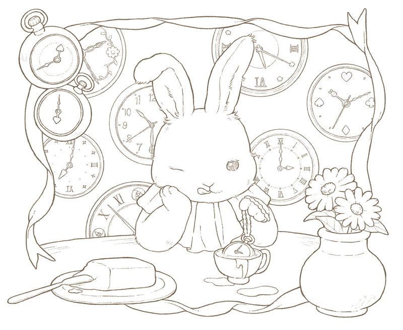1462-00035 White Rabbit coloring page surrounded by wall clocks and a pocket watch, with a daisy vase and teacup