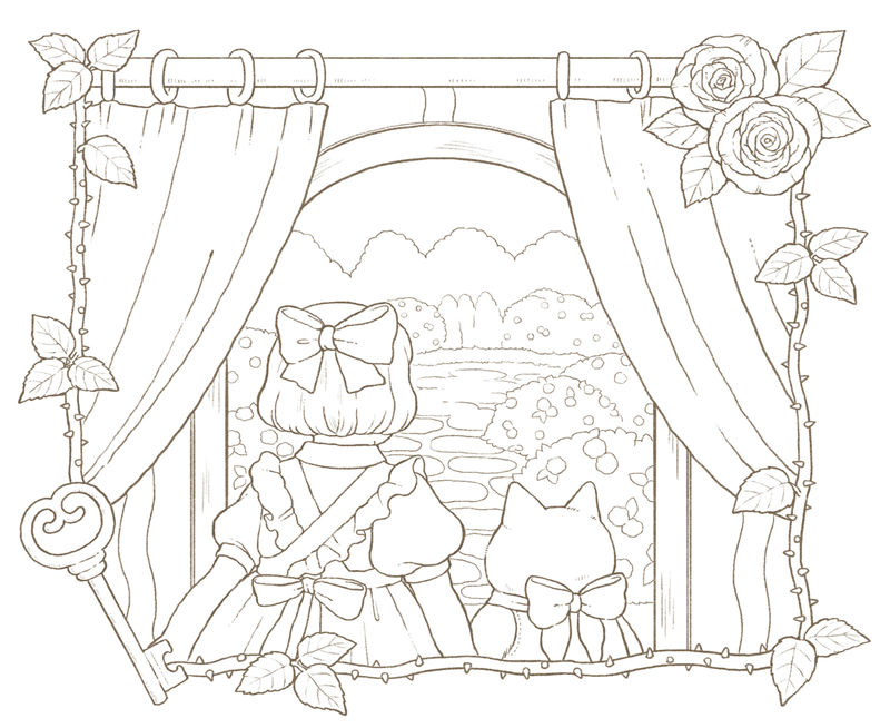 1462-00038 Window seat coloring scene of Alice and Dinah between draped curtains with a large key in the corner