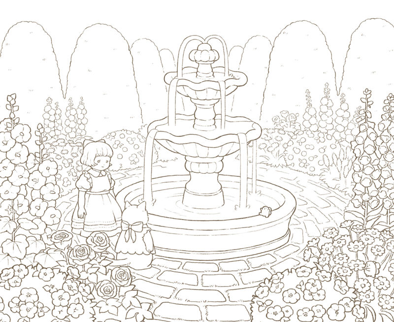 1462-00039 Garden fountain coloring page with a tiny Alice among hollyhocks and rose bushes, for relaxing coloring