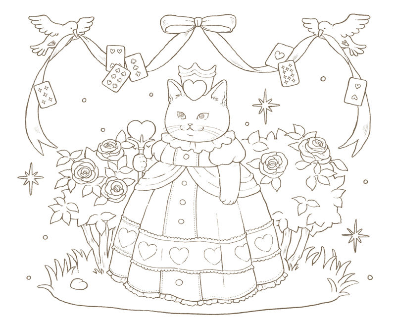 1462-00042 Queen of Hearts cat coloring page in a heart-trimmed gown with playing cards, roses and ribbon-carrying birds