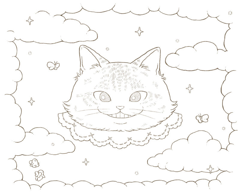 1462-00045 Cheshire Cat coloring page with a wide toothy grin floating among clouds, stars and butterflies