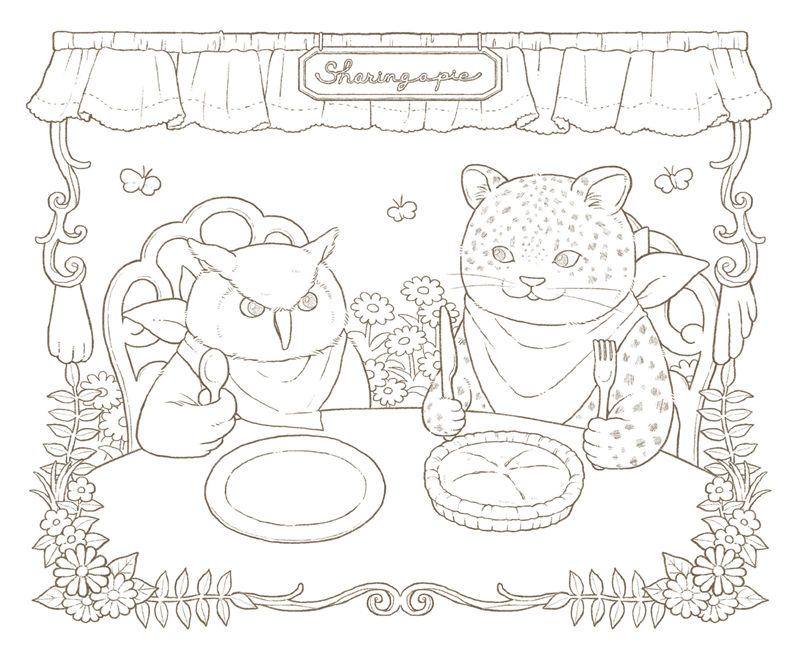 1462-00052 Fairy tale dinner coloring page with an owl and a spotted cat seated at a table with plates and a pie