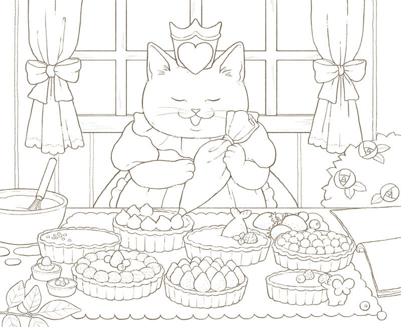 1462-00054 Queen cat baking coloring page with a crown, rows of fruit tarts and a mixing bowl by a bright window