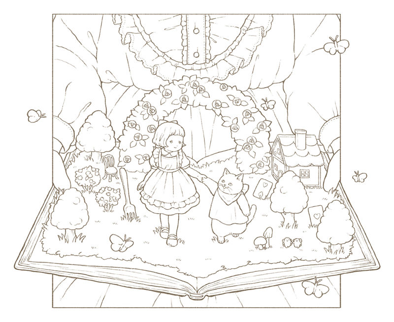 1462-00063 Pop-up storybook coloring page where Alice and her cats walk a garden path rising from an open book