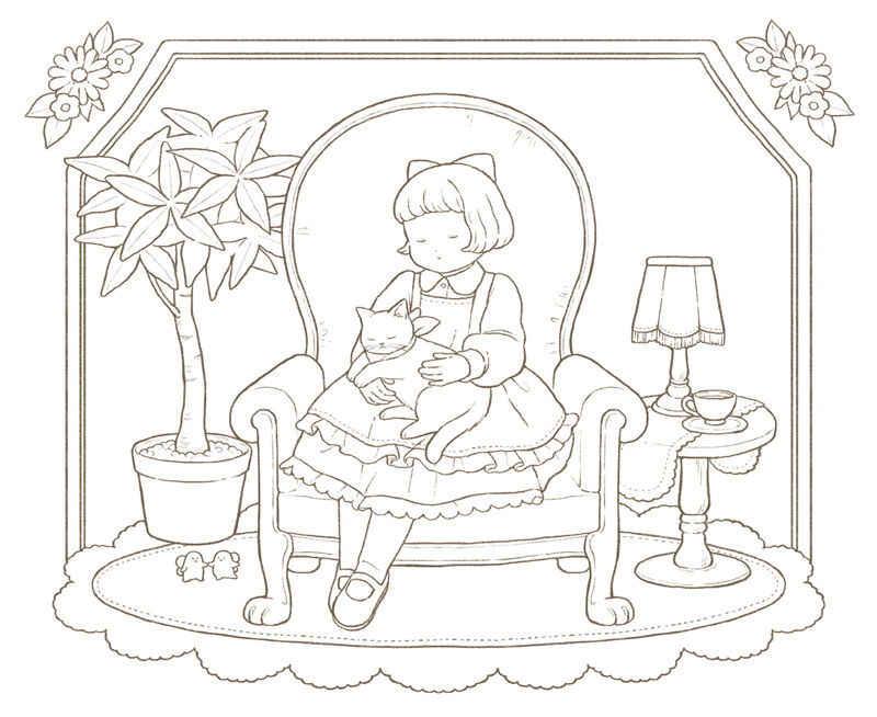 1462-00064 Cozy armchair coloring page of a girl cuddling a kitten beside a potted plant, lamp and teacup