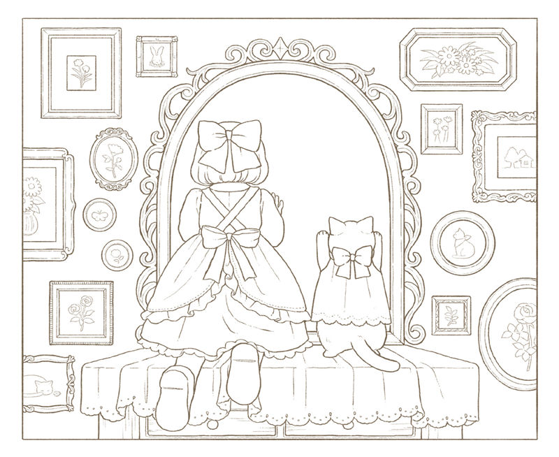 1462-00065 Mirin coloring book page of a girl and her bowed cat on a window seat before a wall of framed pictures