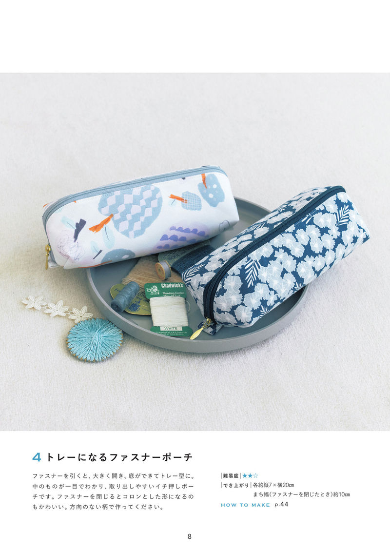 1485-00010 Tray-style zipper pouch pattern that opens wide to show threads and notions inside