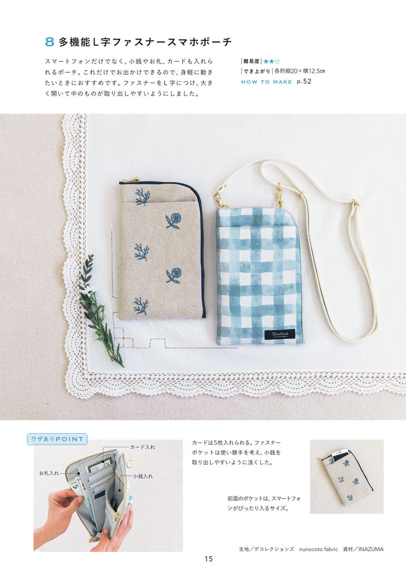 1485-00017 Crossbody phone pouch PDF pattern with an L-shaped zipper, five card slots and bill and coin sections